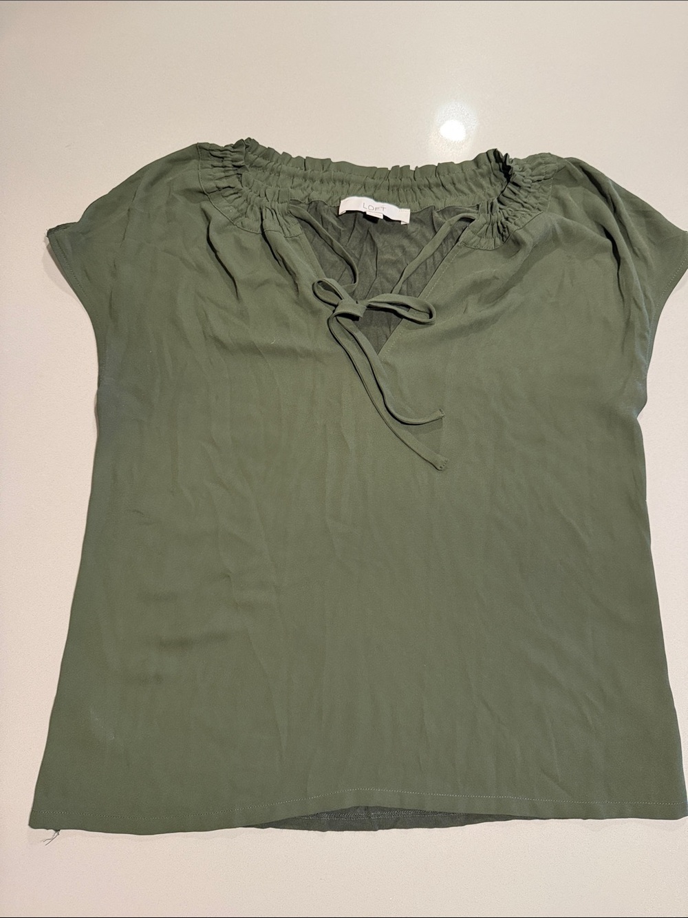 LOFT Olive Green Short-Sleeve Smocked Tie-Neck Blouse